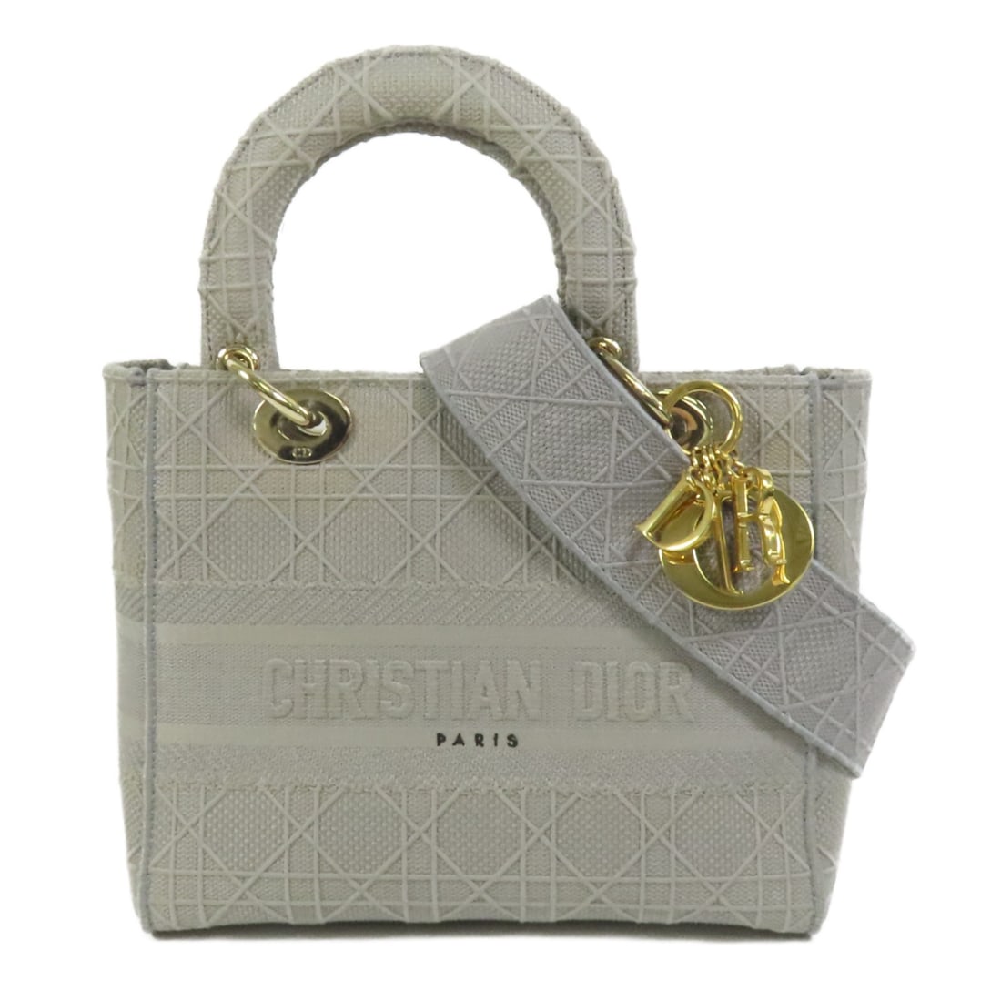 Dior Lady D-Lite Canvas Grey 2way Shoulder Handbag with Gold Hardware: Dior Lady D-Lite Canvas Grey 2way Shoulder Handbag with Gold Hardware This Christian Dior Lady D-Lite 2way shoulder bag is crafted from gray canvas and features gold-tone hardware. The versatile desig
