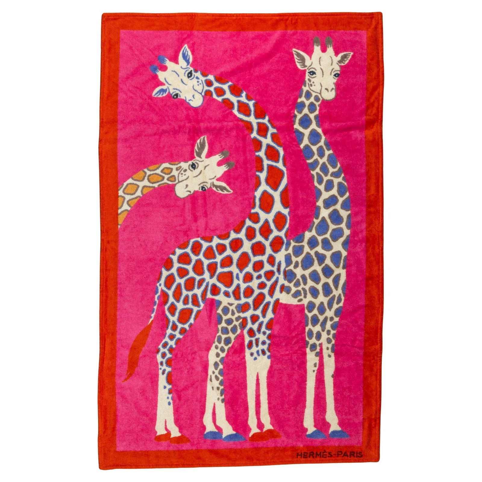 Hermes Giraffes Fuchsia Cotton Beach Towel NIB 37 x 60: Hermes Giraffes Fuchsia Cotton Beach Towel NIB 37 x 60 Elevate your beach experience with this luxurious Hermes beach towel featuring a vibrant fuchsia and red giraffe design. Crafted from high-qualit