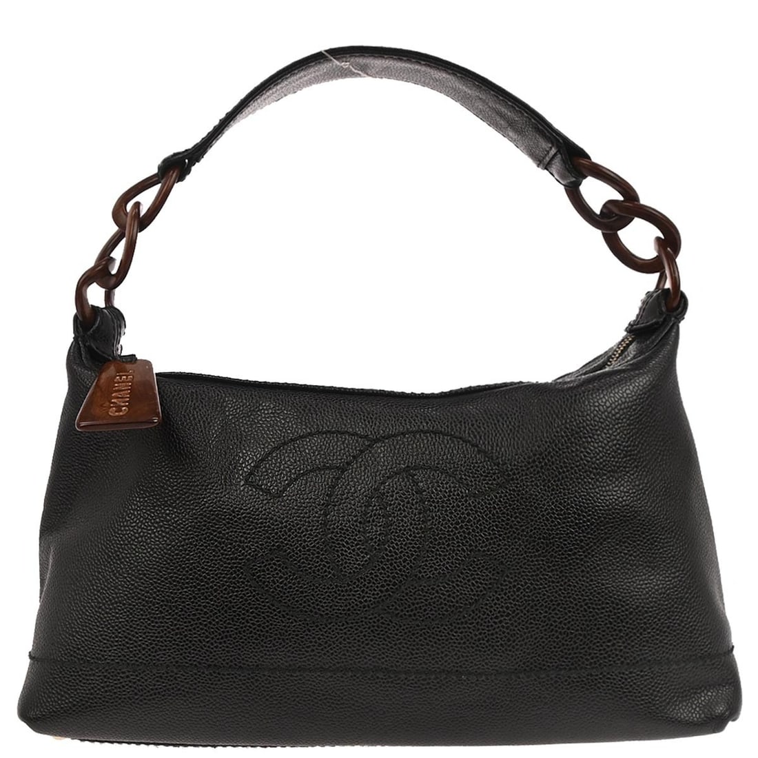 Chanel Vintage Leather Shoulder Bag with CC Resin Chain Black: Chanel Vintage Leather Shoulder Bag with CC Resin Chain Black This Chanel Vintage CC Resin Chain Shoulder Bag features black caviar leather with a resin chain detail, designed for women. It is crafted