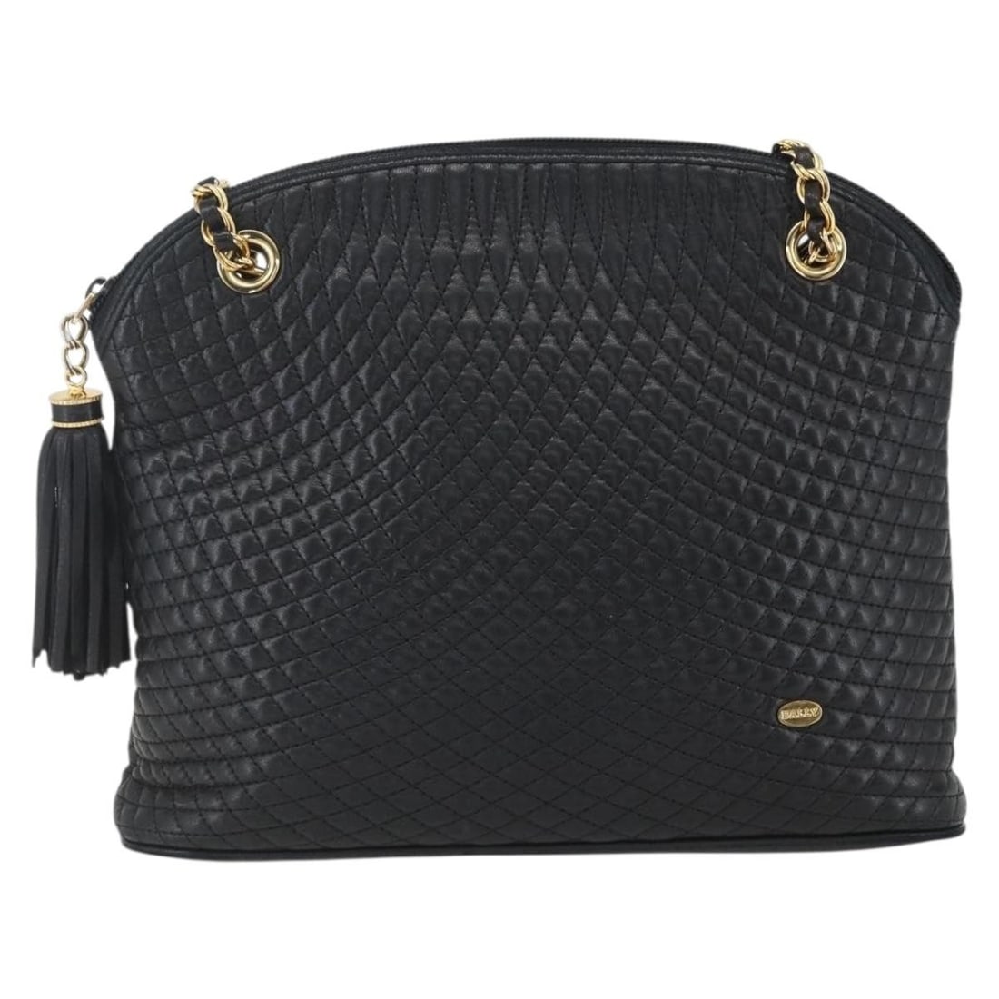 Navy Quilted Leather Shoulder Bag from Bally with Chain Strap: Navy Quilted Leather Shoulder Bag from Bally with Chain Strap This Bally vintage chain shoulder bag features a quilted leather exterior in navy, designed for female use. The bag is crafted in Italy an
