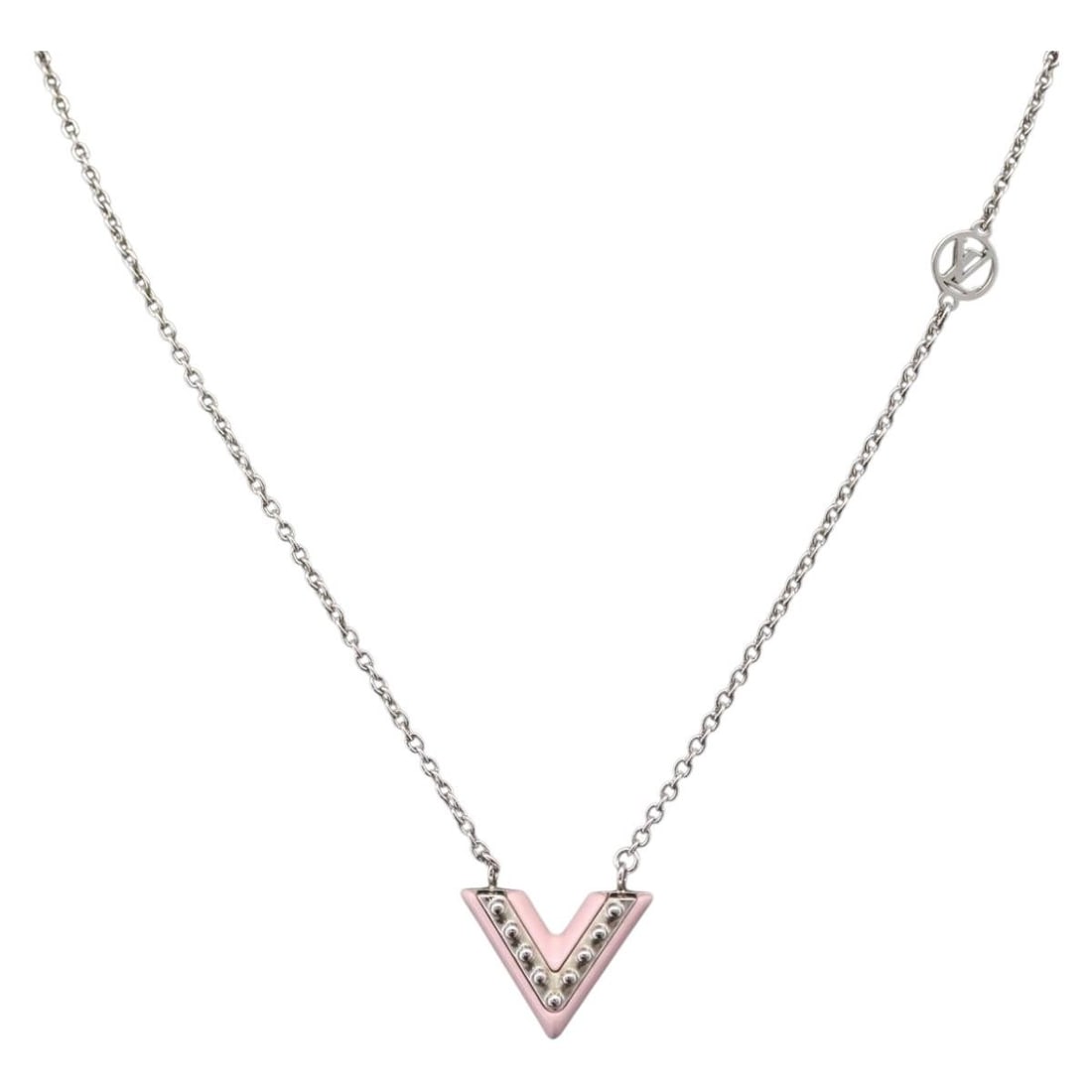 Louis Vuitton Essential V Pink Metal Necklace with Box and Dust Bag M63182: Louis Vuitton Essential V Pink Metal Necklace with Box and Dust Bag M63182 This Louis Vuitton Essential V Necklace features a sleek metal design in pink. Made in Italy, this accessory is part of the M