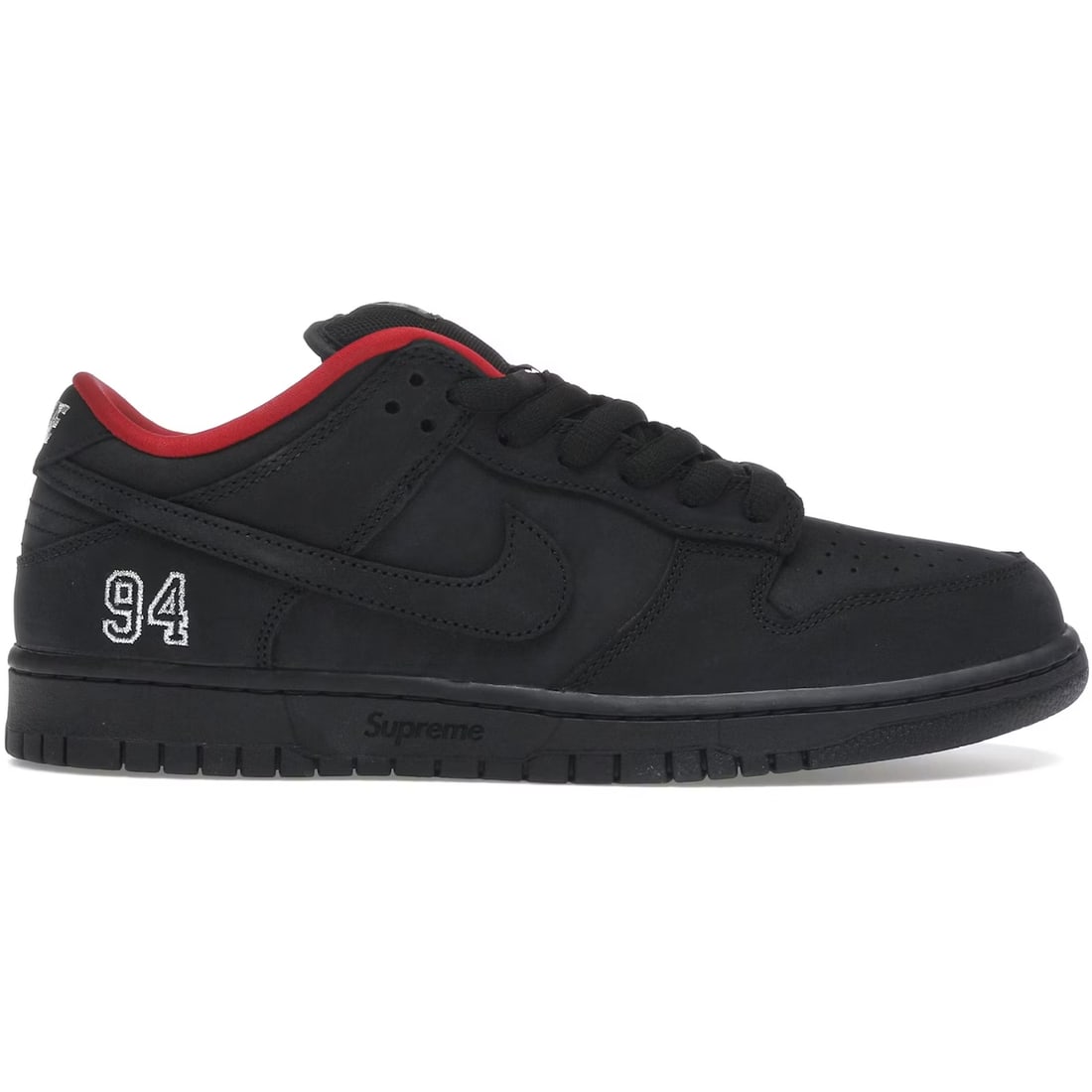 Supreme Collaboration Nike SB Dunk Low 94 Black Sneakers: Supreme Collaboration Nike SB Dunk Low 94 Black Sneakers The Nike SB Dunk Low Supreme 94 Black is a rare collaboration between Nike SB and Supreme, showcasing a premium black leather upper with quilte
