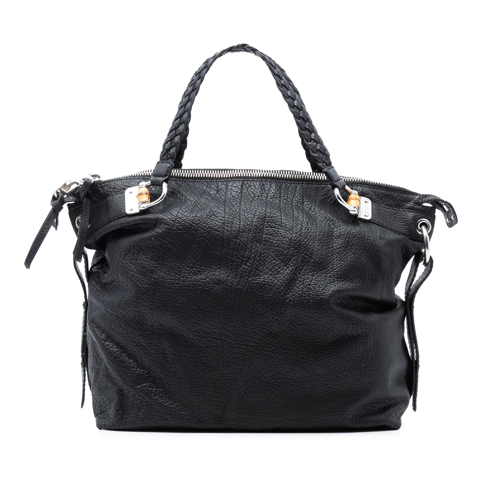 Gucci Bamboo Bar Black Leather Tote Bag Large Model Italy: Gucci Bamboo Bar Black Leather Tote Bag Large Model Italy This Gucci Large Leather Bamboo Bar Tote showcases a black leather body with braided leather shoulder straps and a top zip closure. The bag in