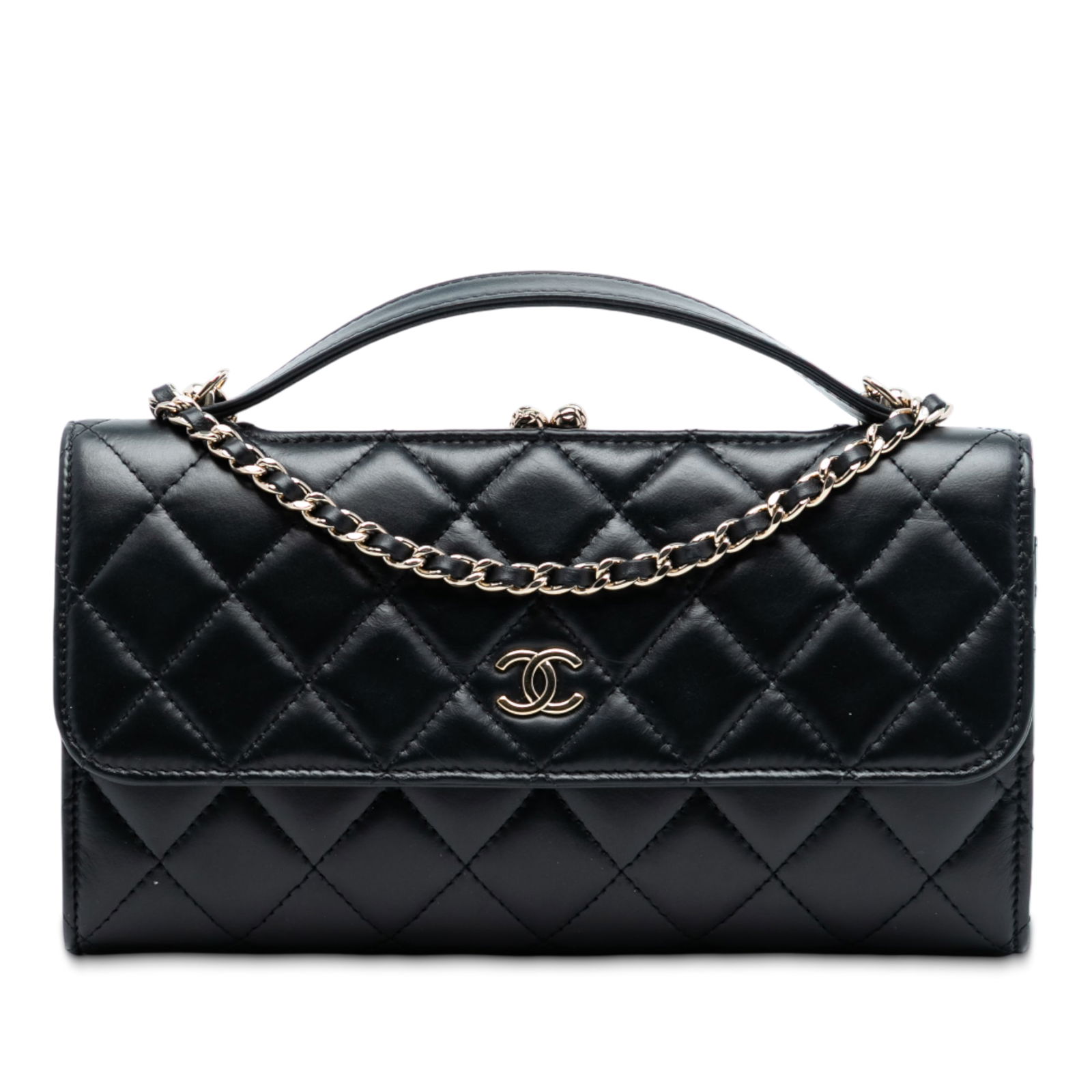 Chanel Quilted Calfskin Kiss Lock Flap Black Phone Holder Chain Bag: Chanel Quilted Calfskin Kiss Lock Flap Black Phone Holder Chain Bag This Chanel CC Quilted Calfskin Kiss Lock Flap Phone Holder On Chain is crafted from quilted leather in black and features a flat to
