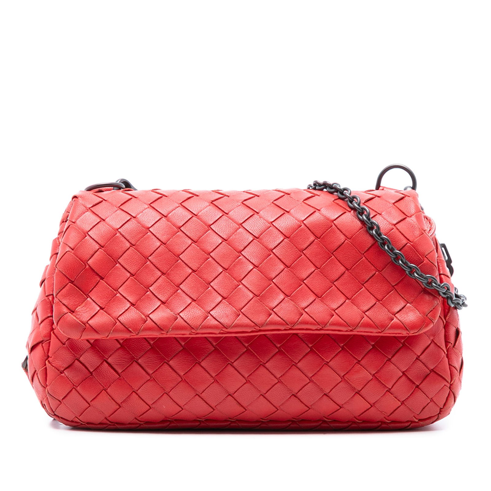 Bottega Veneta Mini Nappa Intrecciato Red Chain Flap Crossbody Bag: Bottega Veneta Mini Nappa Intrecciato Red Chain Flap Crossbody Bag This Bottega Veneta Mini Nappa Intrecciato Expandable Chain Flap Crossbody bag exemplifies elegant craftsmanship with a woven leather