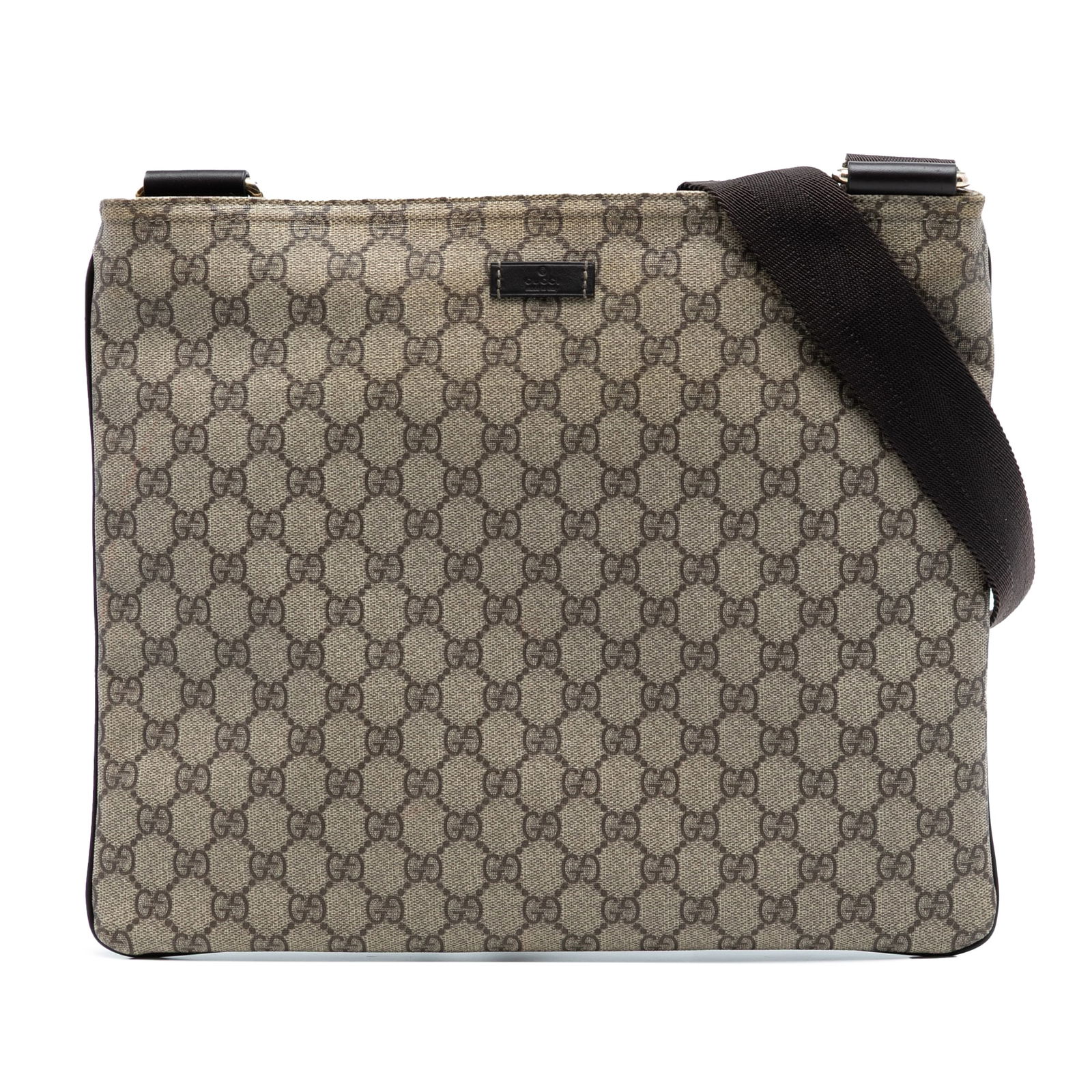 GG Supreme Brown Crossbody Bag with Leather Trim and Adjustable Strap: GG Supreme Brown Crossbody Bag with Leather Trim and Adjustable Strap This Gucci GG Supreme Crossbody bag features a coated canvas body with leather trim, an adjustable flat shoulder strap, a top zip