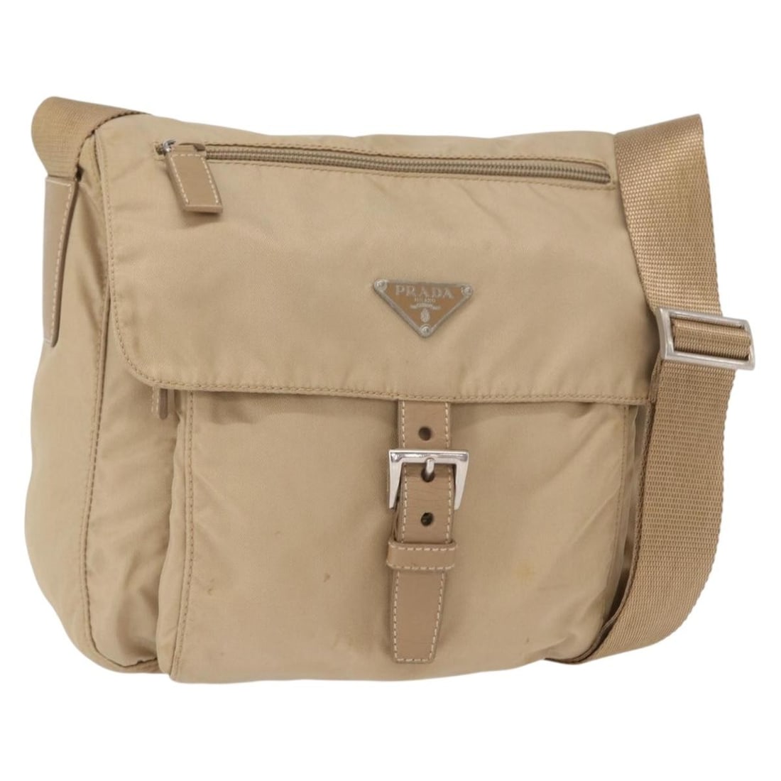 Prada Tessuto Nylon Messenger Bag Beige with Buckle 22cm by 22cm by 10cm: Prada Tessuto Nylon Messenger Bag Beige with Buckle 22cm by 22cm by 10cm This Prada Buckle Messenger Bag for women features a beige nylon exterior with a compact design ideal for daily use. Made in It