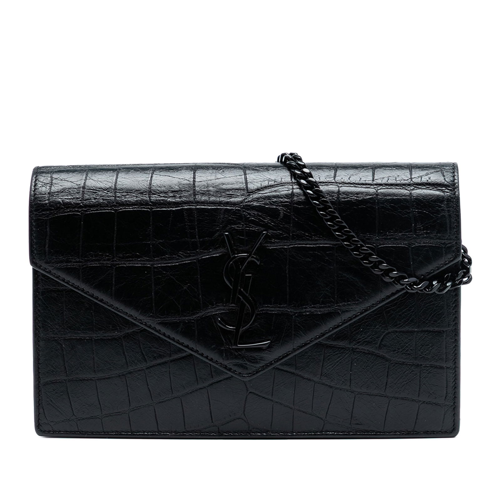 Black Leather Chain Wallet Saint Laurent Croc Embossed Envelope Style: Black Leather Chain Wallet Saint Laurent Croc Embossed Envelope Style This Saint Laurent Croc Embossed Leather Monogram Monochrome Envelope Chain Wallet features a black embossed leather exterior, a c