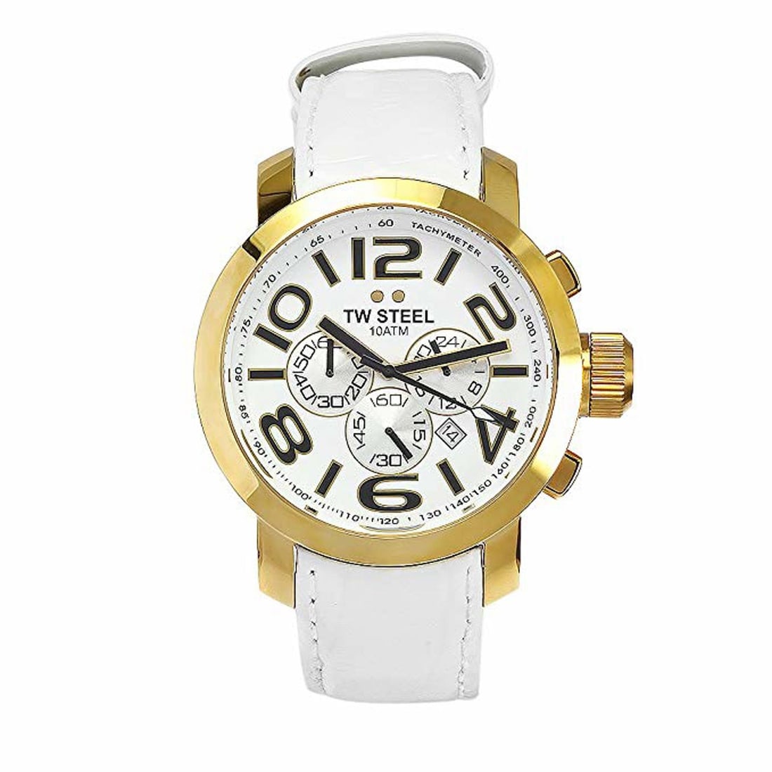 TW Steel Grandeur Quartz Gold-Tone Casual Watch with White Leather Band TW55: TW Steel Grandeur Quartz Gold-Tone Casual Watch with White Leather Band TW55 Discover the TW Steel Men's 'Grandeur' Quartz Watch, a perfect blend of style and functionality. This casual wristwatch fea