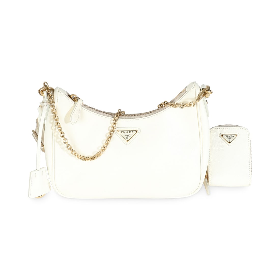 Prada Re-Edition 2005 White Saffiano Crossbody Bag with Gold-Tone Hardware: Prada Re-Edition 2005 White Saffiano Crossbody Bag with Gold-Tone Hardware The Prada White Saffiano Re-Edition 2005 Bag is a stylish and versatile handbag designed for unisex wear. Crafted from high-q
