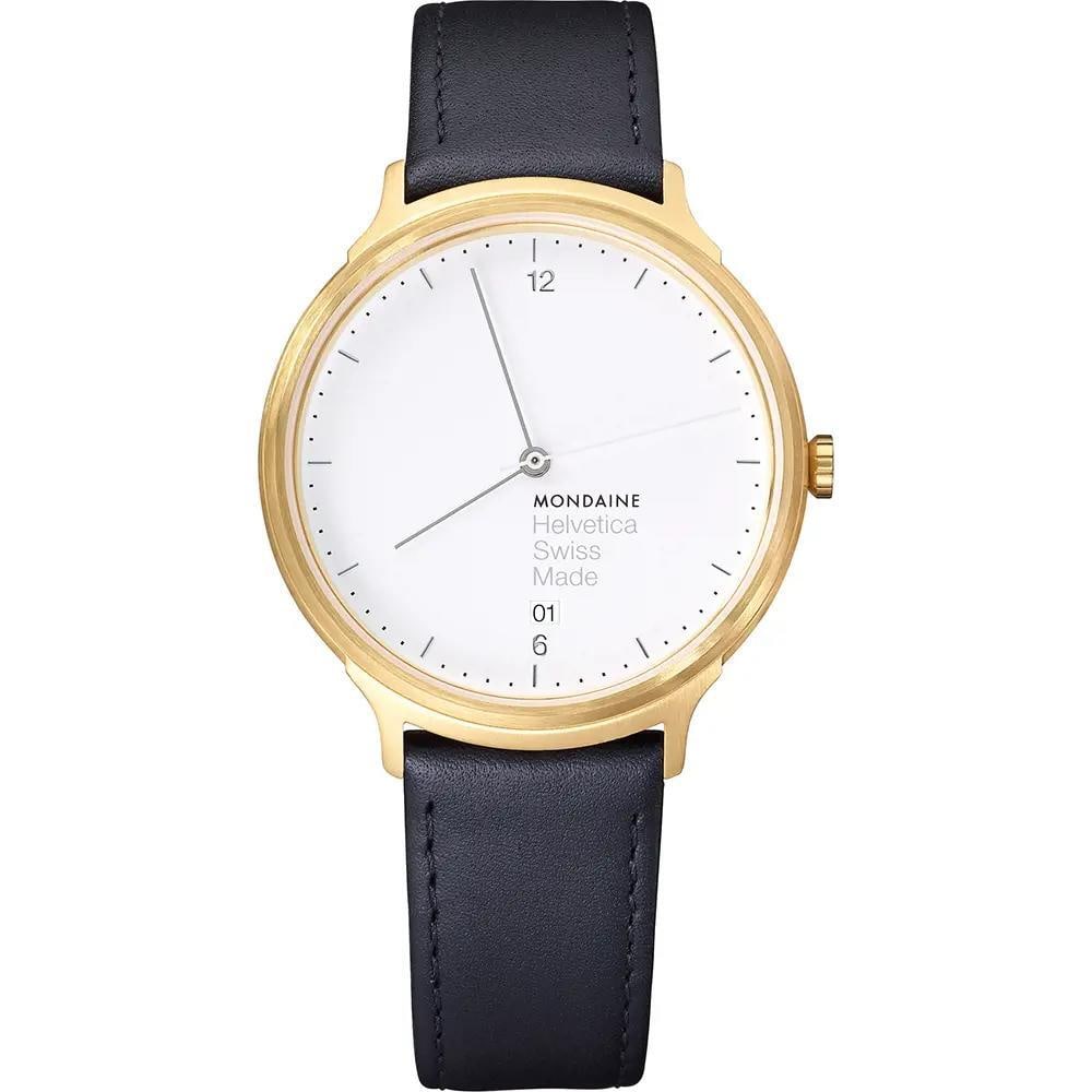 Mondaine Helvetica No1 Light Gold-Tone Steel Watch with White Dial and Leather Band: Mondaine Helvetica No1 Light Gold-Tone Steel Watch with White Dial and Leather Band The Mondaine Helvetica No1 Light Gold-Tone Steel Watch combines elegance with functionality. With a classic round sh