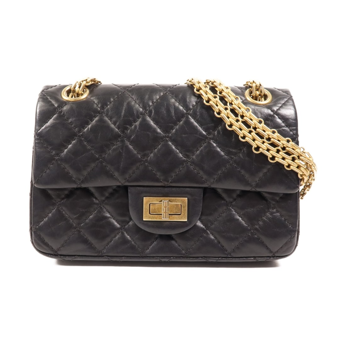 CHANEL 2.55 Mini Shoulder Bag Black Lambskin GHW: CHANEL 2.55 Mini Shoulder Bag Black Lambskin GHW This elegant CHANEL 2.55 Mini Chain Shoulder Bag showcases a timeless design crafted from luxurious black lambskin leather. With its iconic CC logo and
