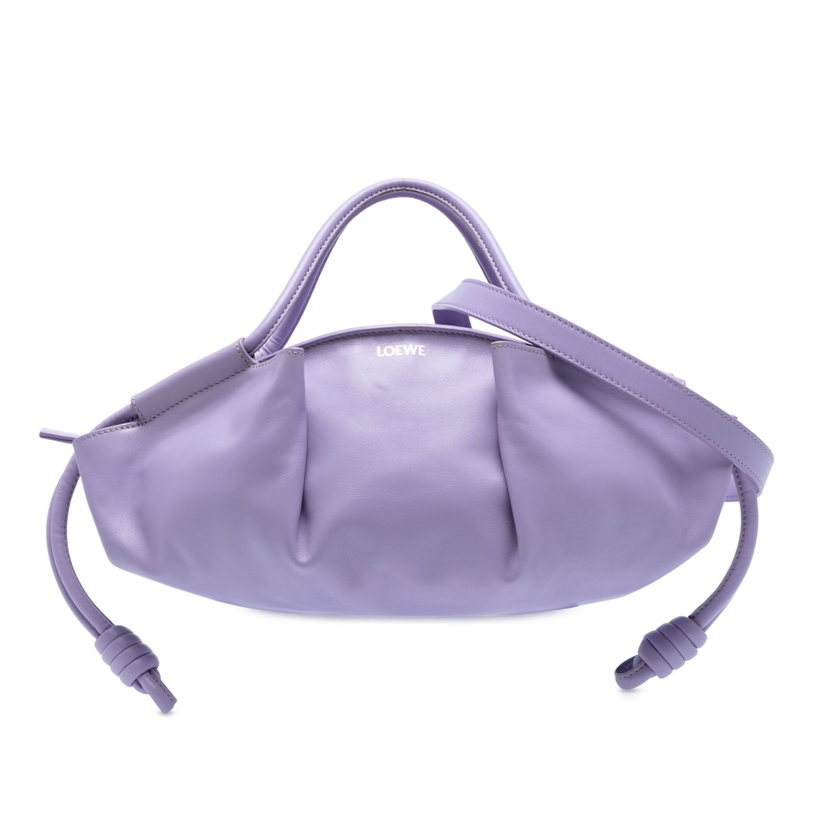 LOEWE Small Shiny Calfskin Paseo Satchel in Purple: LOEWE Small Shiny Calfskin Paseo Satchel in Purple The LOEWE Small Shiny Calfskin Paseo Satchel is an elegant accessory featuring a pleated leather body complemented by rolled leather handles. This st