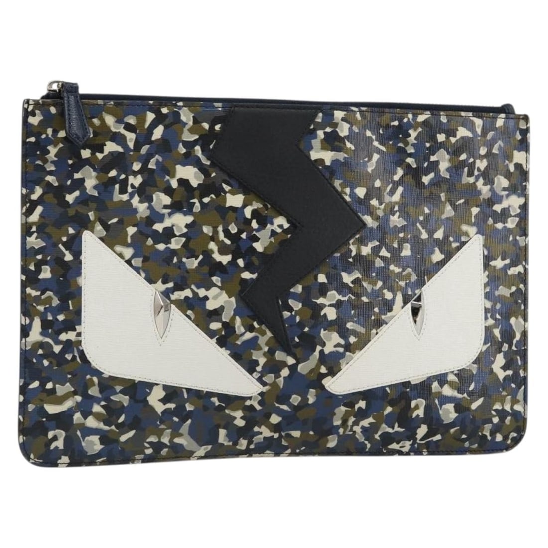 Fendi Blue and Black Leather Monster Clutch Bag Made in Italy: Fendi Blue and Black Leather Monster Clutch Bag Made in Italy This FENDI Monster clutch bag features a striking blue and black leather exterior. The clutch is crafted in Italy and showcases FENDI's si