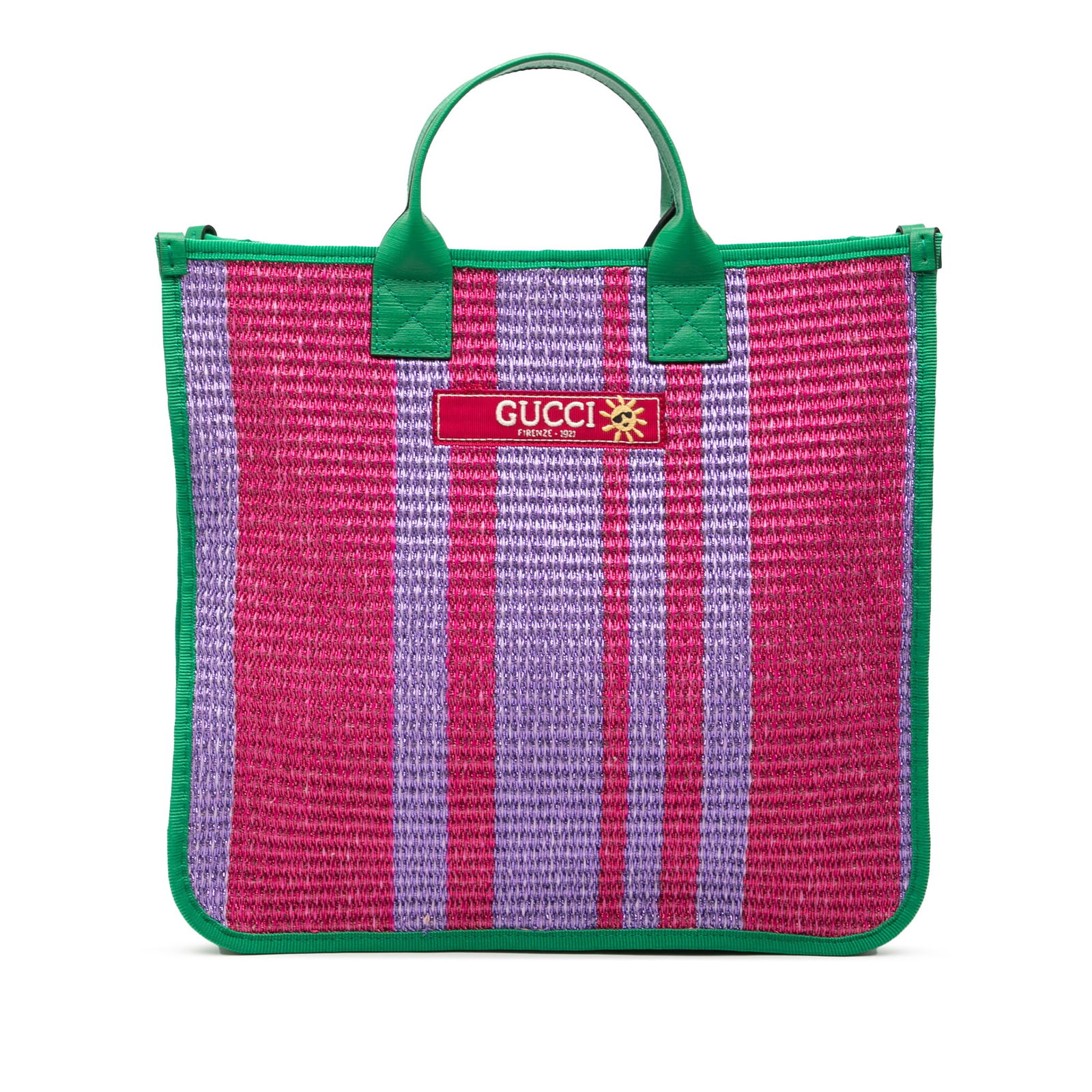 Gucci Kids Tote Woven Canvas Firenze 1921 Logo Pink Leather Trim: Gucci Kids Tote Woven Canvas Firenze 1921 Logo Pink Leather Trim This Gucci Children tote bag features a woven canvas body with leather trim, complemented by rolled leather handles and an open top des