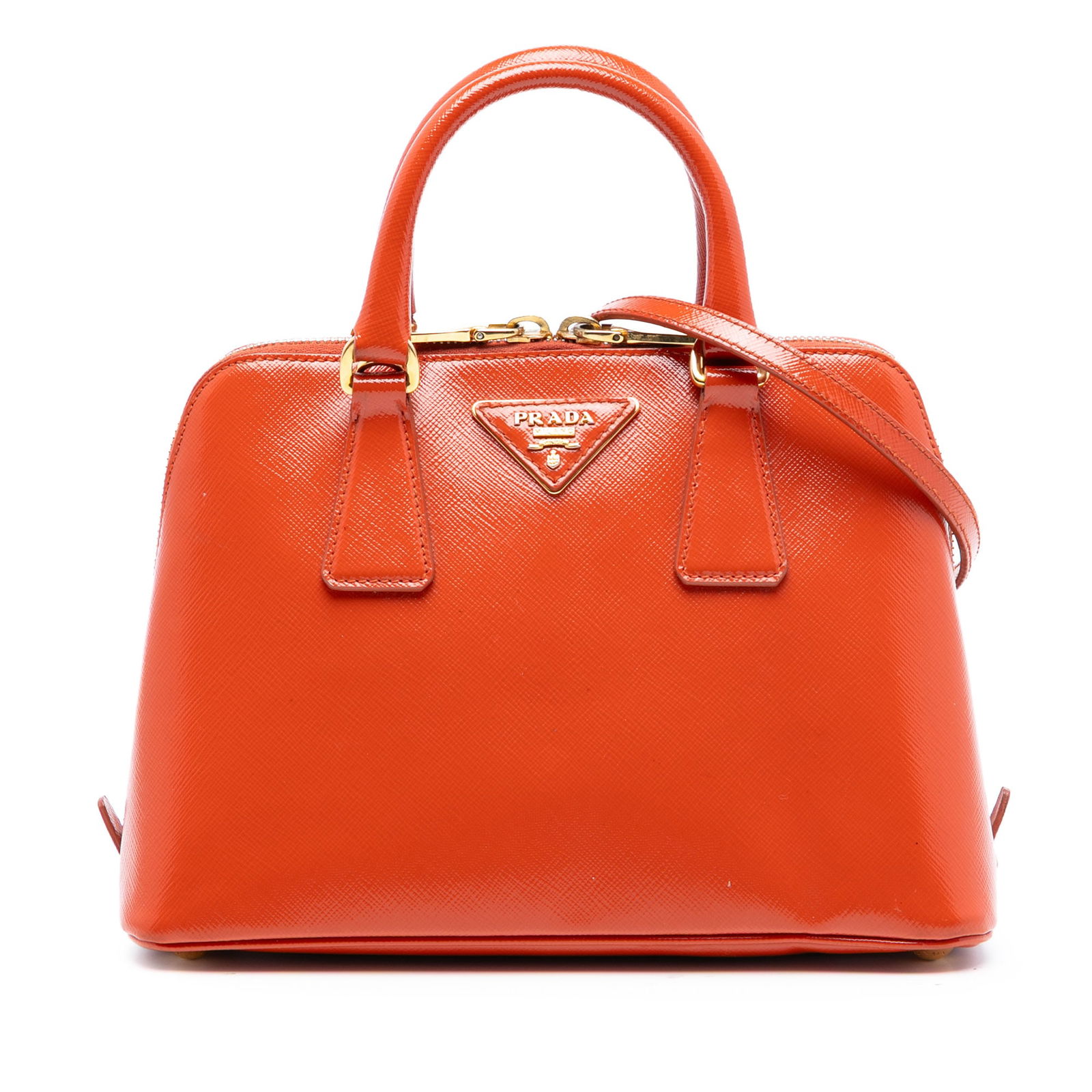 Prada Promenade Orange Patent Saffiano Leather Small Satchel with Strap: Prada Promenade Orange Patent Saffiano Leather Small Satchel with Strap This Prada Small Saffiano Vernice Promenade Satchel features a patent saffiano leather body in orange, rolled leather handles, a
