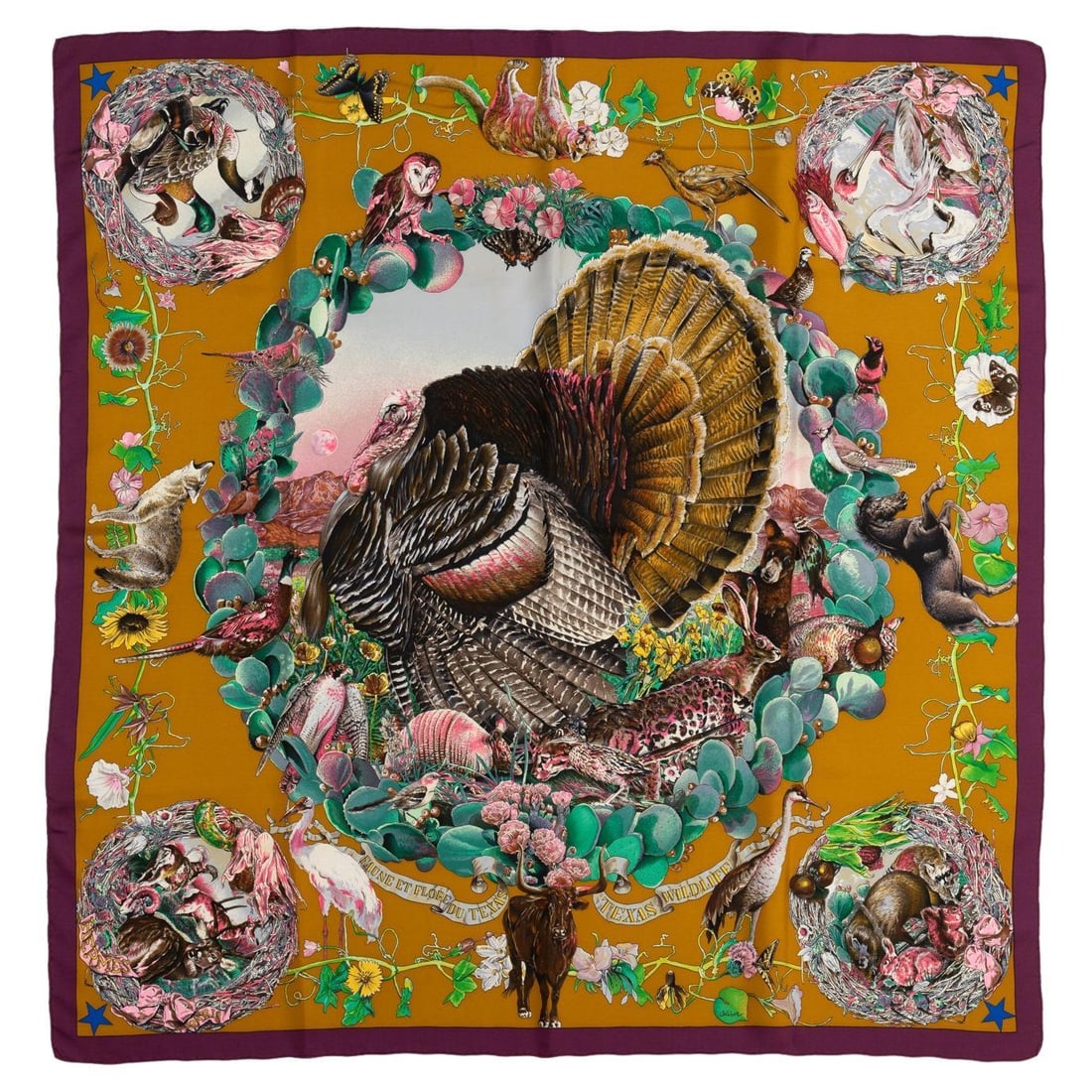 Texas Wildlife 35 Inch Scarf Designed by Kermit Oliver in Mustard Purple: Texas Wildlife 35 Inch Scarf Designed by Kermit Oliver in Mustard Purple This Hermes Texas Wildlife scarf features a striking mustard and purple color combination, designed by Kermit Oliver. Crafted i