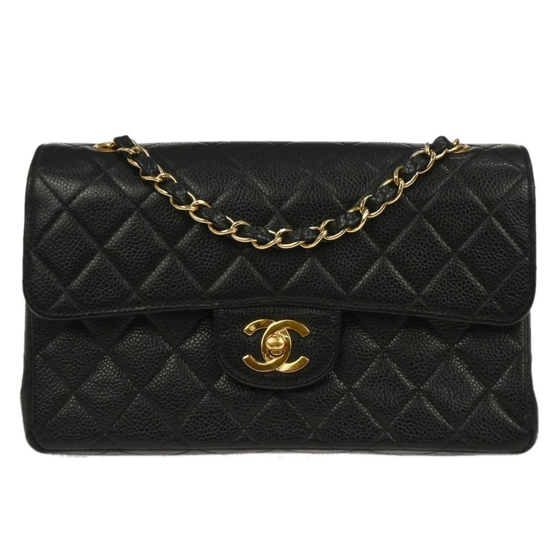 Small Classic Double Flap Black Caviar Leather Shoulder Bag by Chanel: Small Classic Double Flap Black Caviar Leather Shoulder Bag by Chanel This Chanel Small Classic Double Flap Shoulder Bag is crafted from black caviar skin leather with a matelasse pattern. It features