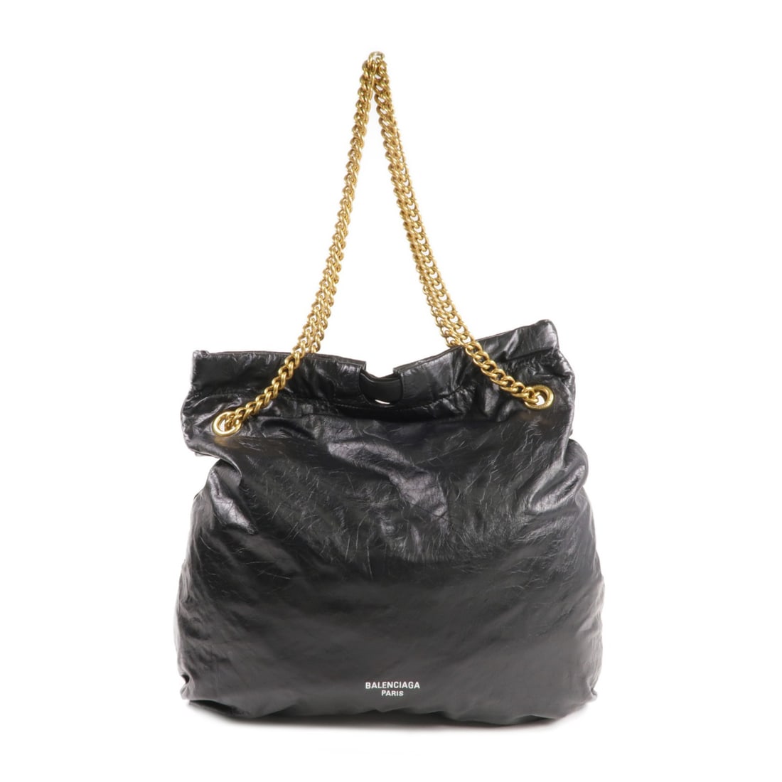 Balenciaga Crush Black Calfskin Leather Shoulder Bag with Chain and Gold Hardware: Balenciaga Crush Black Calfskin Leather Shoulder Bag with Chain and Gold Hardware This Balenciaga Crush shoulder bag features a chain strap and is crafted from black calfskin leather. It is designed i