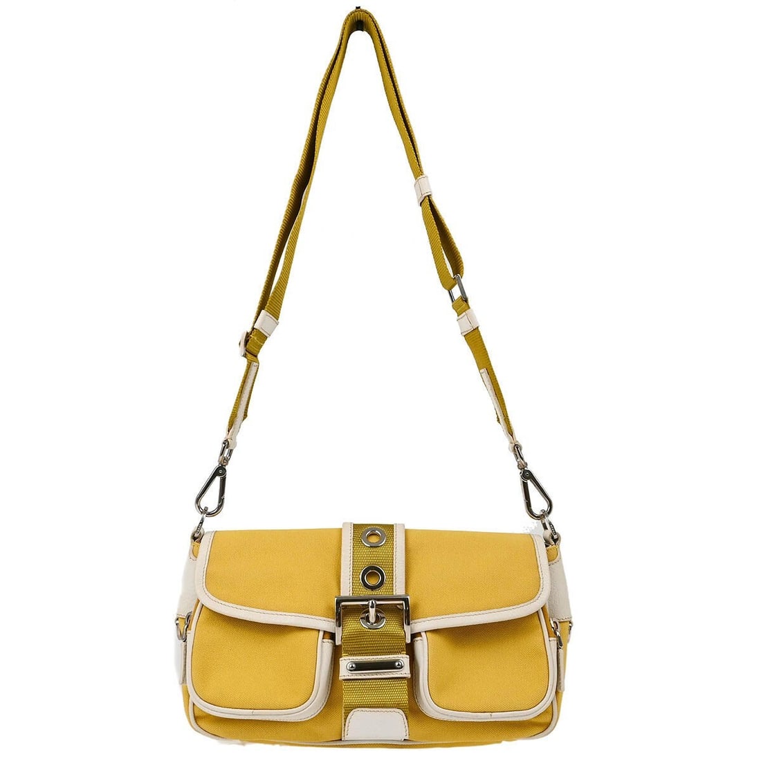 Prada Yellow Canvas Shoulder Bag BT0464 Casual Style: Prada Yellow Canvas Shoulder Bag BT0464 Casual Style This Prada Yellow Canvas Shoulder Bag is a stylish choice for casual occasions. The bag measures 11 inches in width, 7 inches in height, and 4 inch