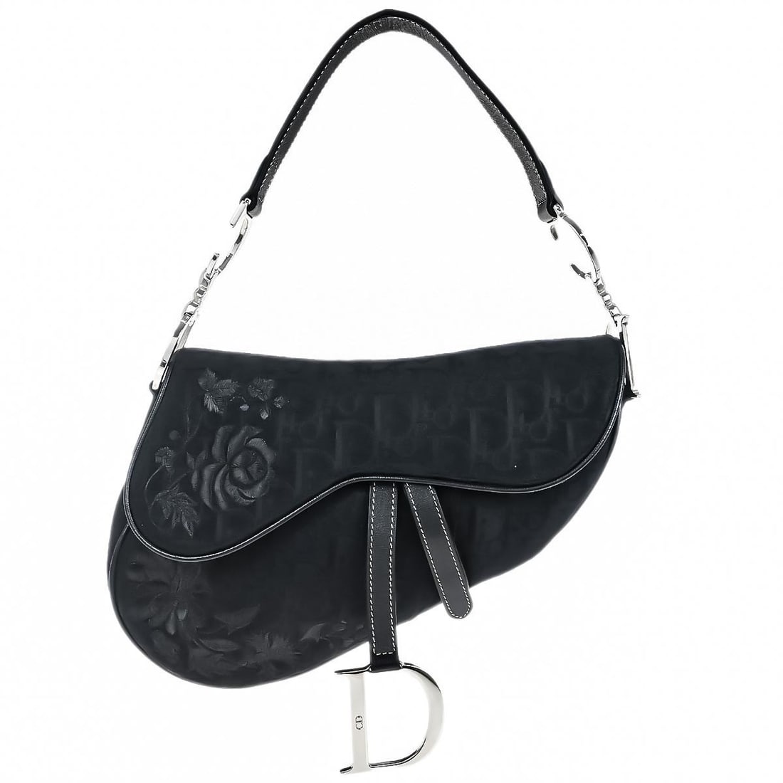 Dior Saddle Bag Black Canvas Leather Embroidered Trotter Medium Shoulder: Dior Saddle Bag Black Canvas Leather Embroidered Trotter Medium Shoulder This Christian Dior Saddle Bag features black embroidered Trotter canvas with leather accents and a signature silhouette. The m