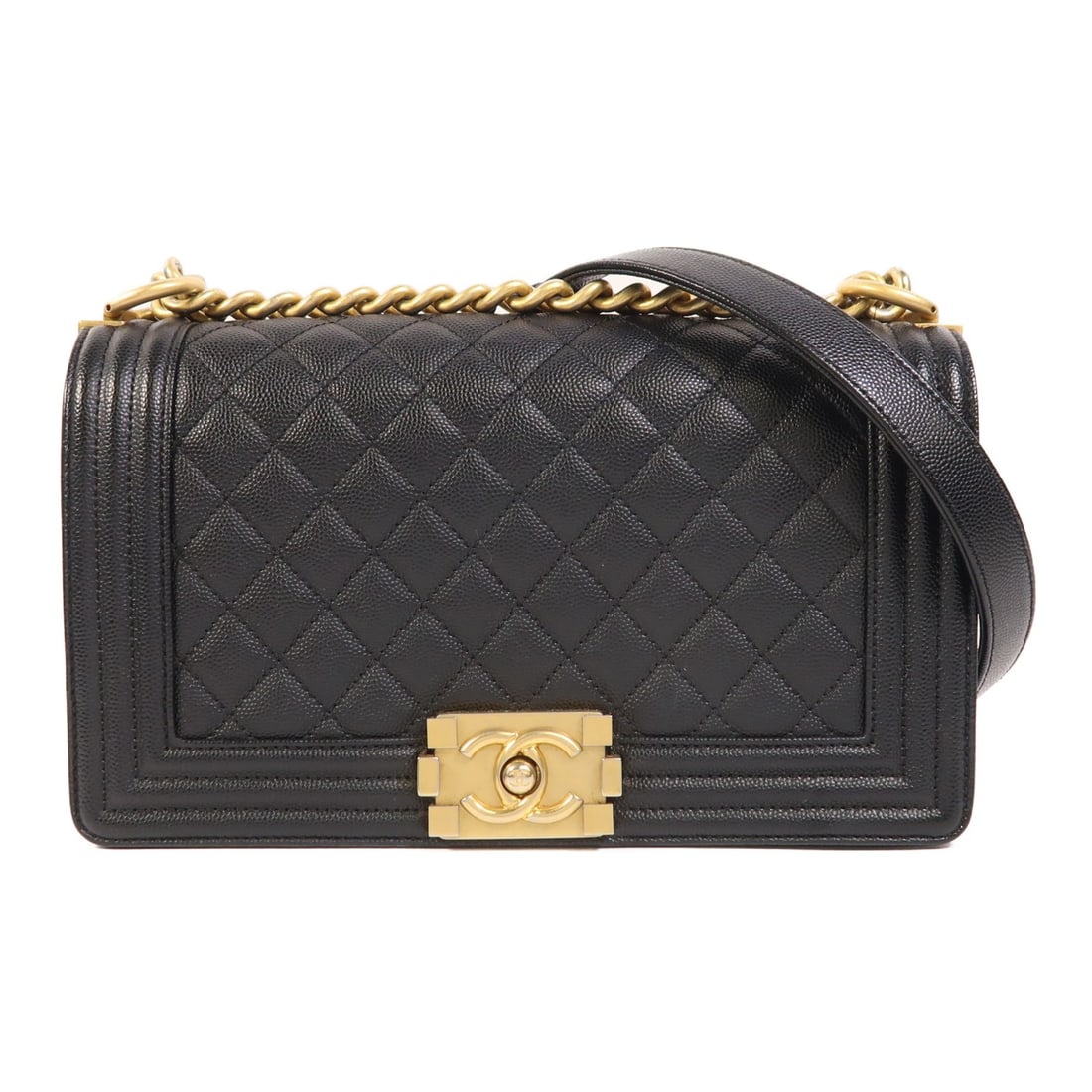 Black Calfskin CHANEL Boy 25 Shoulder Bag with Gold Hardware: Black Calfskin CHANEL Boy 25 Shoulder Bag with Gold Hardware This CHANEL Boy 25 chain shoulder bag is crafted from black calfskin leather and features the iconic CC closure. The bag has a structured s