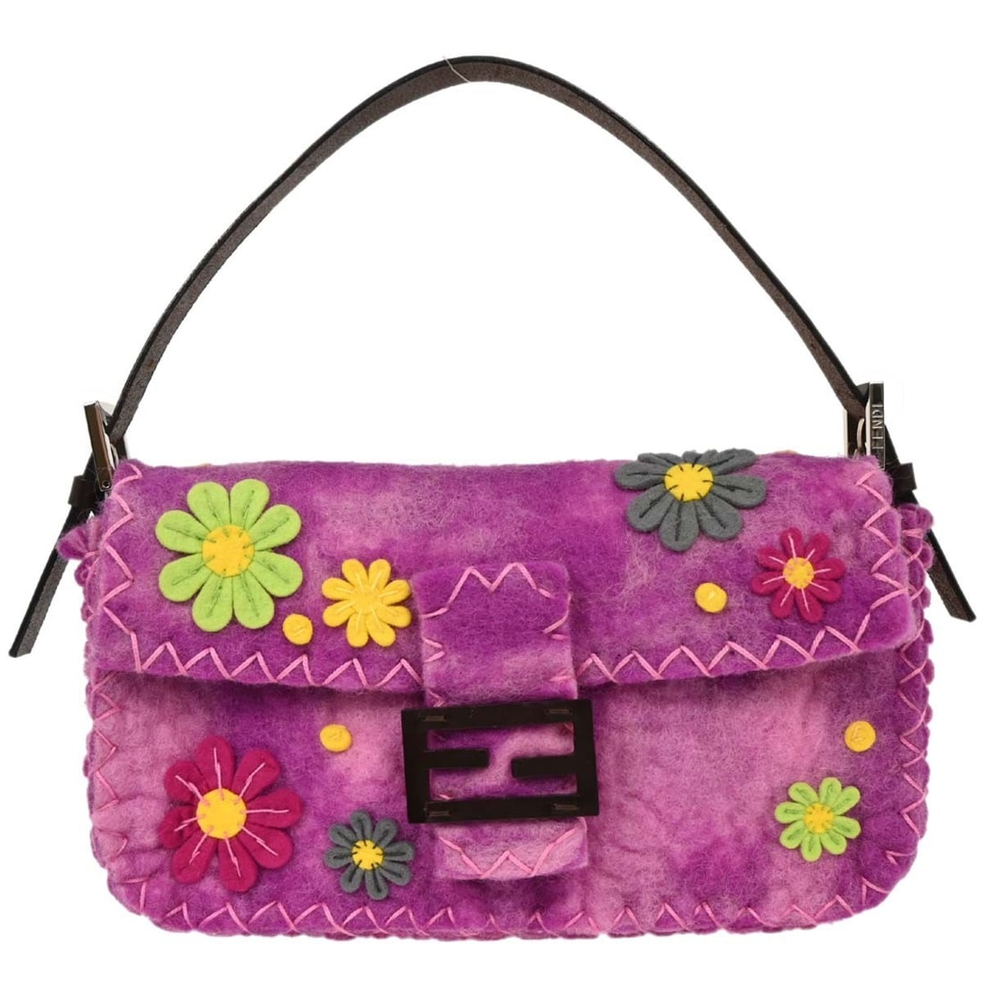Fendi Baguette Wool Purse with Floral Pattern and Silver Hardware: Fendi Baguette Wool Purse with Floral Pattern and Silver Hardware This Fendi Baguette handbag features a vibrant purple wool exterior with a floral pattern and pink accents. It is designed with a medi