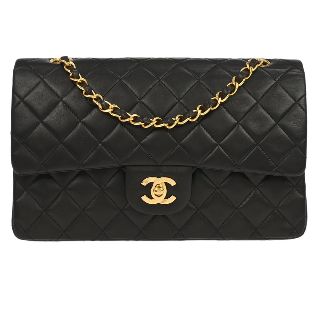 Medium Classic Double Flap Black Lambskin Shoulder Bag by Chanel: Medium Classic Double Flap Black Lambskin Shoulder Bag by Chanel This Chanel Classic Double Flap shoulder bag features a medium-sized silhouette crafted from black lambskin leather. The bag is designe