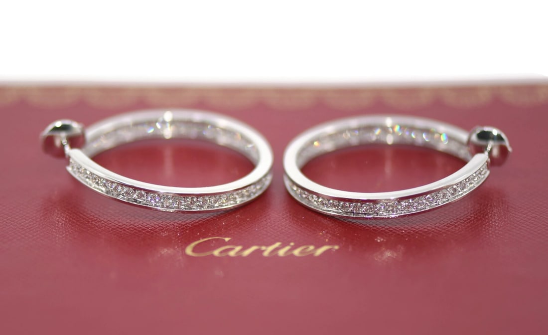 Cartier 18K White Gold Diamond Inside Out Hoop Earrings Authentic: Cartier 18K White Gold Diamond Inside Out Hoop Earrings Authentic Exquisite Cartier large inside-out hoop earrings crafted from premium 18K white gold, featuring dazzling diamonds that enhance their a