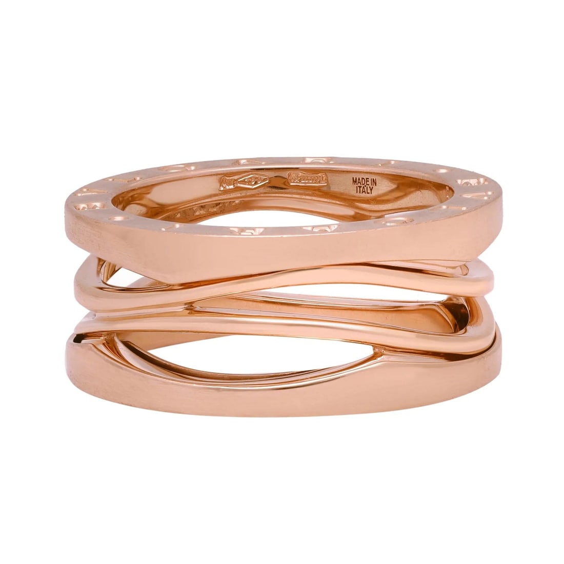 Bvlgari B.Zero1 Three Band Ring 18K Rose Gold Engraved Size 54: Bvlgari B.Zero1 Three Band Ring 18K Rose Gold Engraved Size 54 This exquisite Bvlgari B.Zero1 Design Legend Three Band Ring is a stunning representation of luxury and elegance, crafted in fine 18K ros