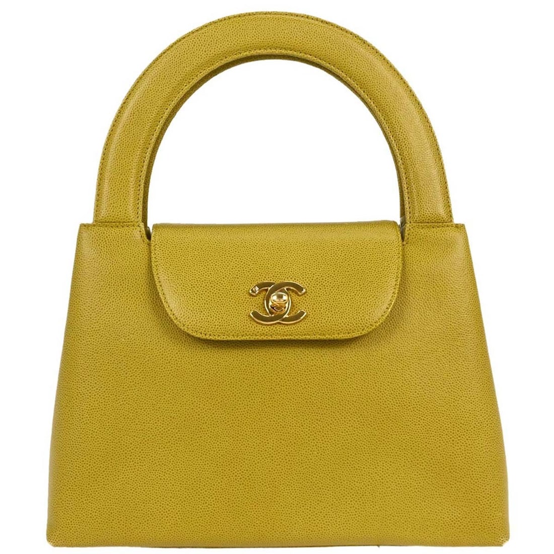 Chanel Yellow Leather Hand Bag with Turnlock Closure: Chanel Yellow Leather Hand Bag with Turnlock Closure This stunning Chanel handbag is crafted from premium yellow calfskin leather, showcasing a vibrant exterior that perfectly complements its luxuriou