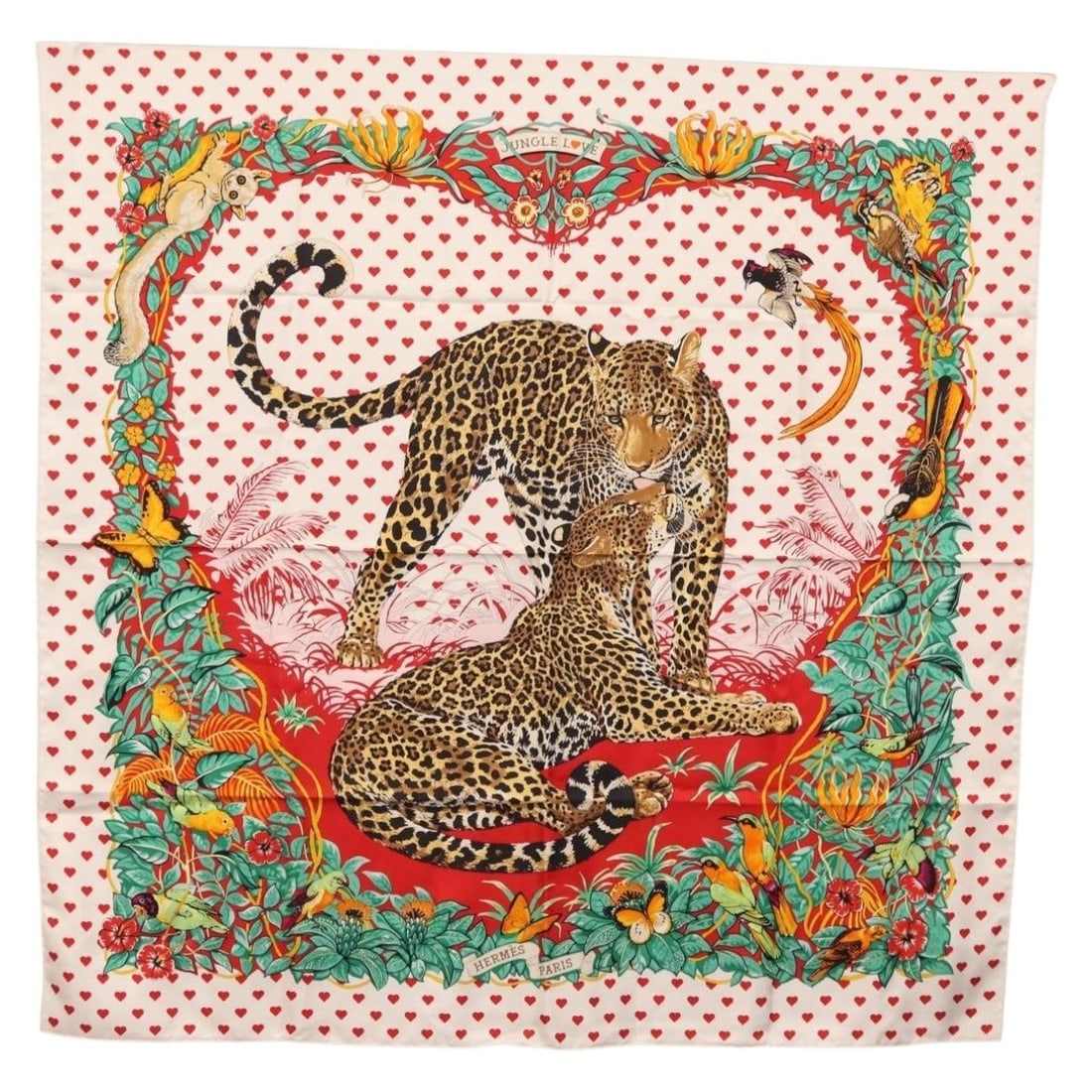 Hermes Jungle Love White Silk Carre 90 Scarf with Box France: Hermes Jungle Love White Silk Carre 90 Scarf with Box France This Hermes Carre 90 "Jungle Love" scarf is crafted from luxurious white silk. Featuring a square design, it measures approximately 90 cm b