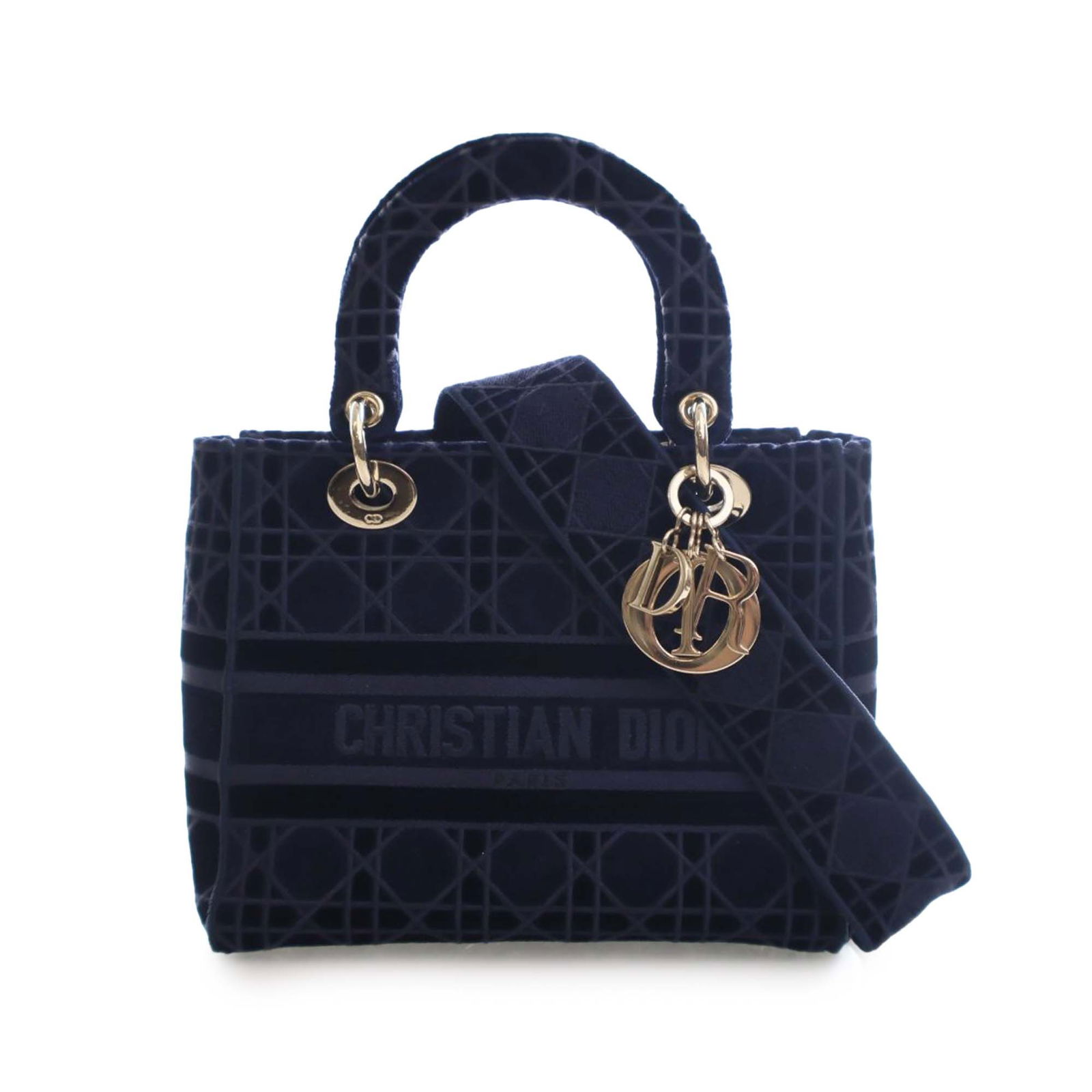 Dior Lady D Lite Medium Blue Velvet Cannage Handbag with Strap: Dior Lady D Lite Medium Blue Velvet Cannage Handbag with Strap This Dior Medium Velvet Cannage Lady D-Lite bag features a blue embroidered velvet body, flat handles, a detachable strap, a top flap clo