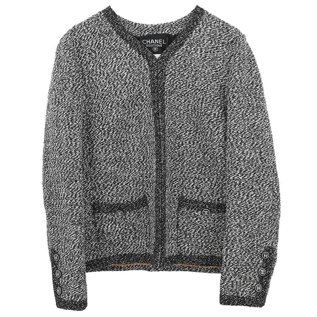 Black Collarless Mid-Length Chanel Jacket Size 46 Vintage 97C: Black Collarless Mid-Length Chanel Jacket Size 46 Vintage 97C This Chanel single breasted collarless jacket in black features a mid-length design with long sleeves and button closure. Made from a blen