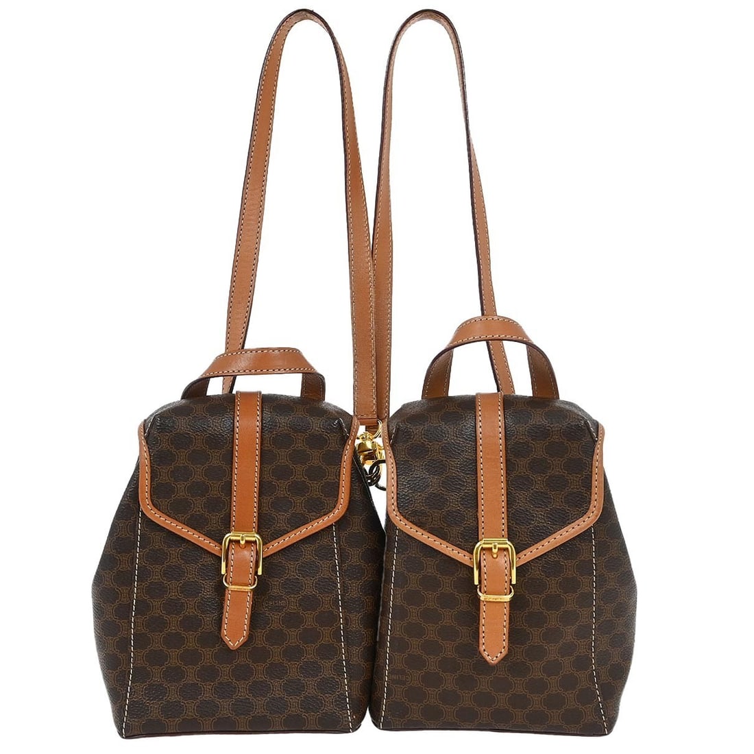 CELINE Brown PVC Macadam Twin Backpack M95 Casual Style: CELINE Brown PVC Macadam Twin Backpack M95 Casual Style Introducing the Celine Brown PVC Macadam Twin Backpack, a stylish and functional accessory perfect for casual outings. This small-sized backpack