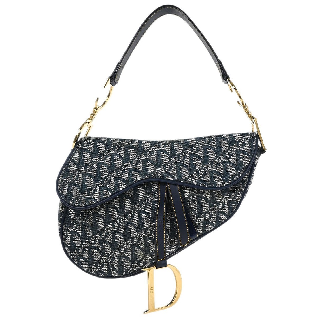 Dior Saddle Bag Navy Canvas and Leather Shoulder Purse RU0010: Dior Saddle Bag Navy Canvas and Leather Shoulder Purse RU0010 This Christian Dior Navy Trotter Saddle Handbag features a classic saddle bag design crafted from canvas leather in a navy color. It is a