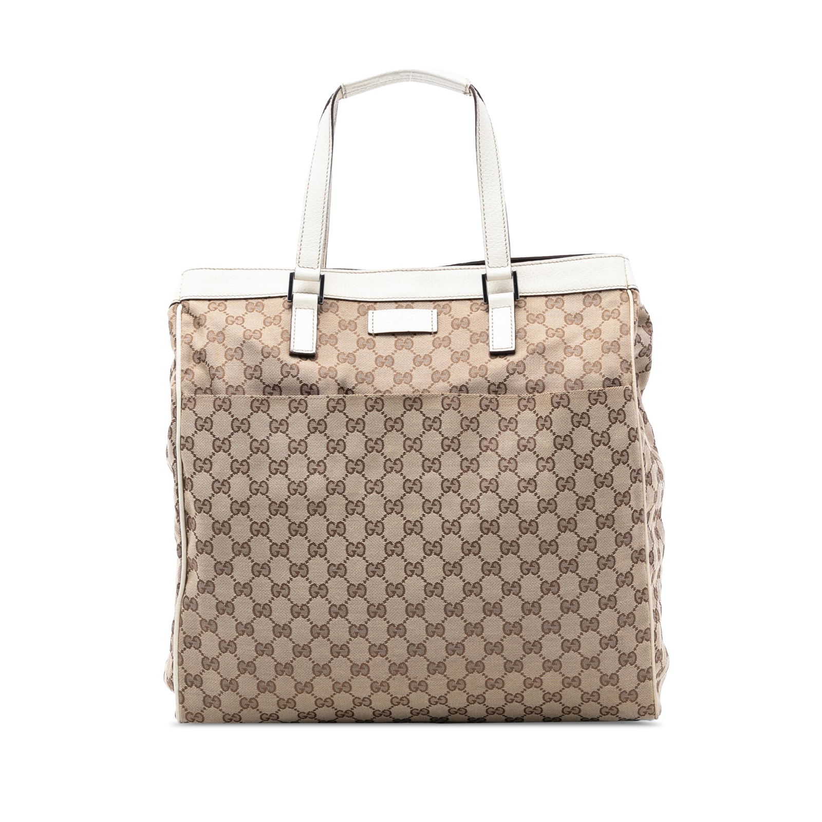 Gucci Brown GG Canvas Tote Bag with Leather Trim and Front Pocket: Gucci Brown GG Canvas Tote Bag with Leather Trim and Front Pocket This Gucci GG Canvas Tote features a canvas body with leather trim, flat leather handles, an open top with magnetic snap closure, an e