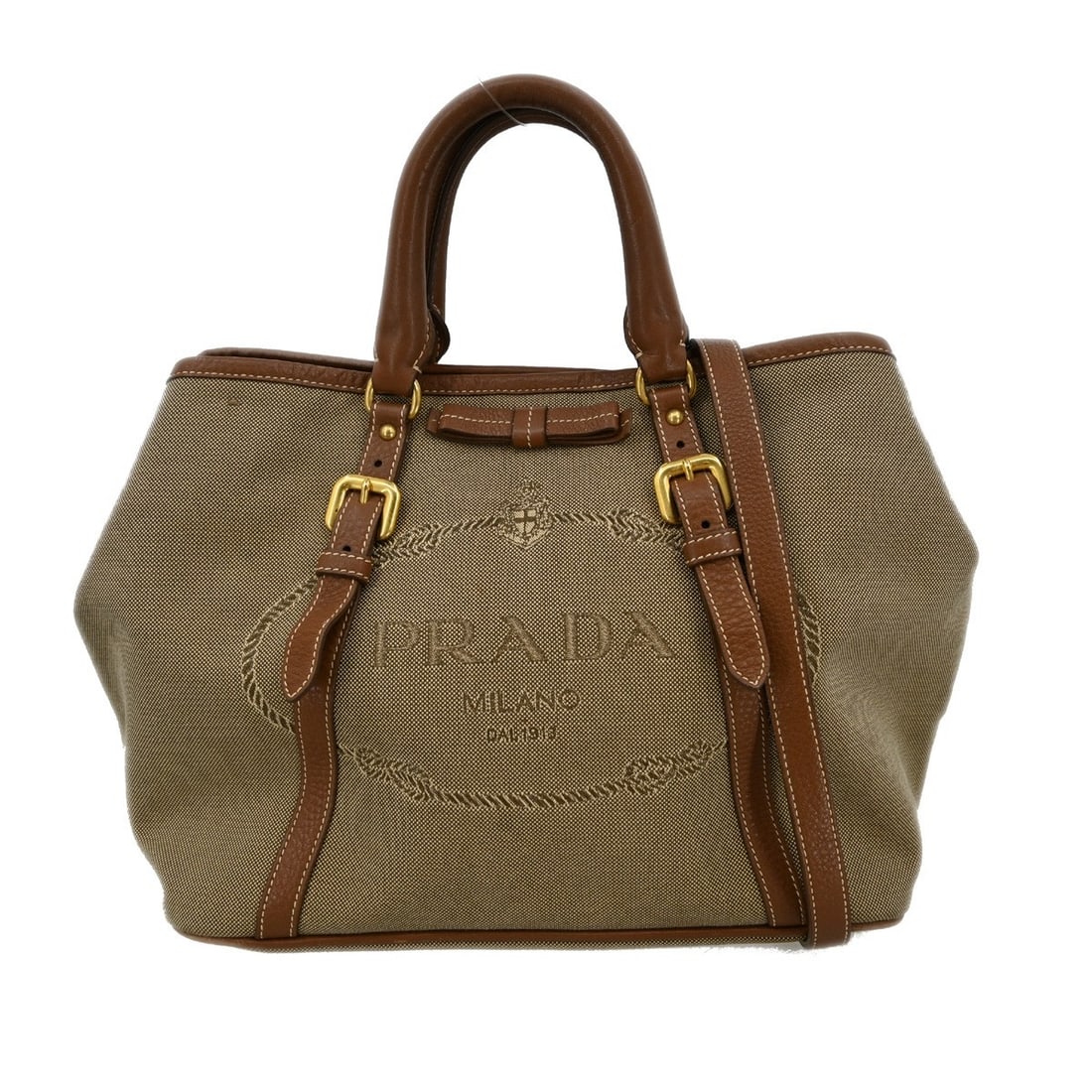 Beige Prada Canvas Tote with Leather Convertible Design: Beige Prada Canvas Tote with Leather Convertible Design This pre-owned Prada Logo Convertible Tote features beige canvas with leather accents. Designed for women, it combines style and functionality w