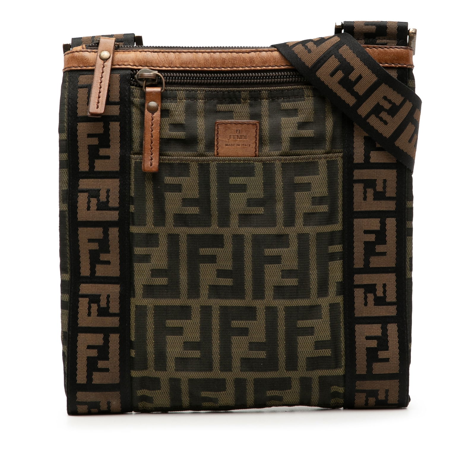 Fendi Brown Zucca Pattern Canvas Leather Trim Crossbody Bag: Fendi Brown Zucca Pattern Canvas Leather Trim Crossbody Bag This Fendi Zucca Canvas Crossbody features a durable canvas body with leather trim, a flat canvas strap, top zip closure, and exterior front