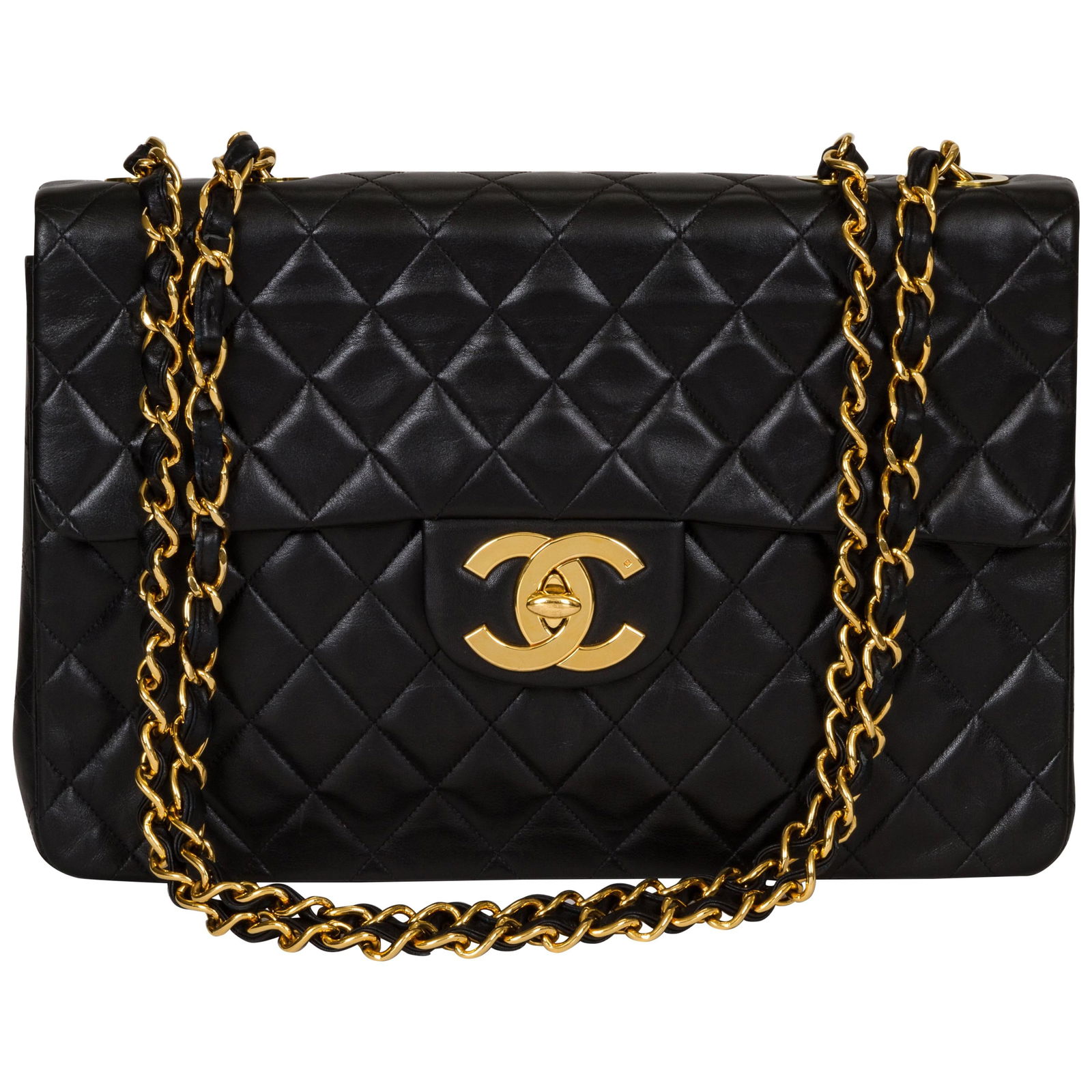 Chanel Black Quilted Lambskin Maxi Flap Bag with Goldtone Hardware: Chanel Black Quilted Lambskin Maxi Flap Bag with Goldtone Hardware Introducing the Chanel Black Lambskin Maxi Flap Bag, a timeless piece that embodies elegance and sophistication. Crafted in France, t