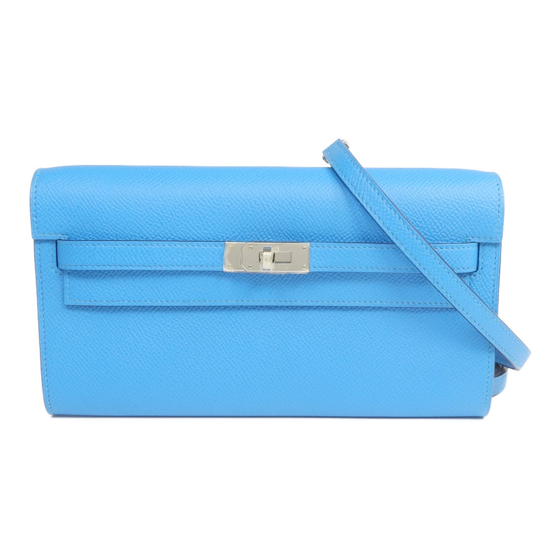 Hermes Kelly To Go Epsom Leather Shoulder Bag in Bleu Frida and Rouge Sellier: Hermes Kelly To Go Epsom Leather Shoulder Bag in Bleu Frida and Rouge Sellier Hermes Kelly To Go shoulder bag crafted from Epsom calfskin leather in Bleu Frida with Rouge Sellier accents. This bag fea