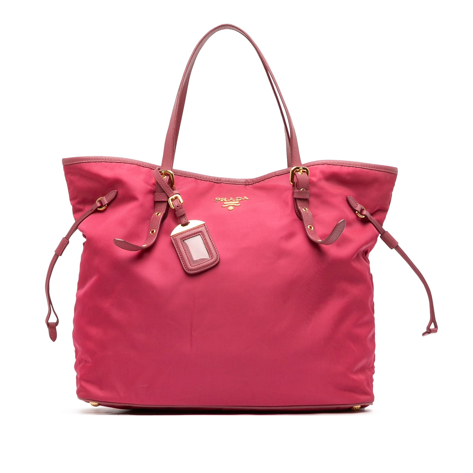 Tessuto Nylon Tote with Saffiano Leather Trim by Prada: Tessuto Nylon Tote with Saffiano Leather Trim by Prada This Prada Saffiano Trimmed Tessuto Tote features a pink nylon body with saffiano leather trim and adjustable flat leather straps. The tote has a