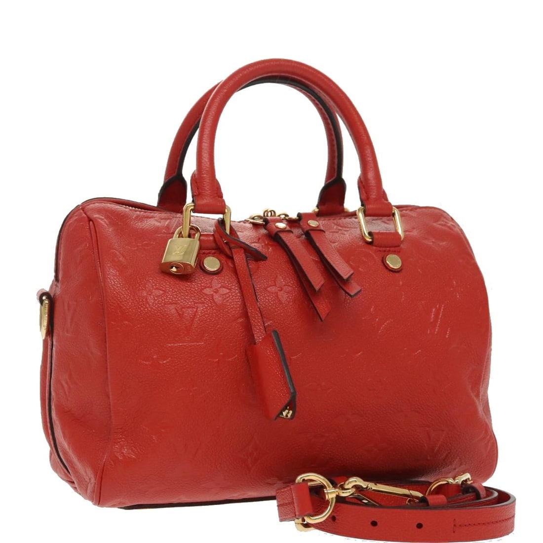 Louis Vuitton Empreinte Speedy Bandouliere 25 Red Leather Handbag: Louis Vuitton Empreinte Speedy Bandouliere 25 Red Leather Handbag This pre-owned Louis Vuitton Speedy Bandouliere Bag from the Monogram Empreinte Giant collection features a bold red leather exterior.