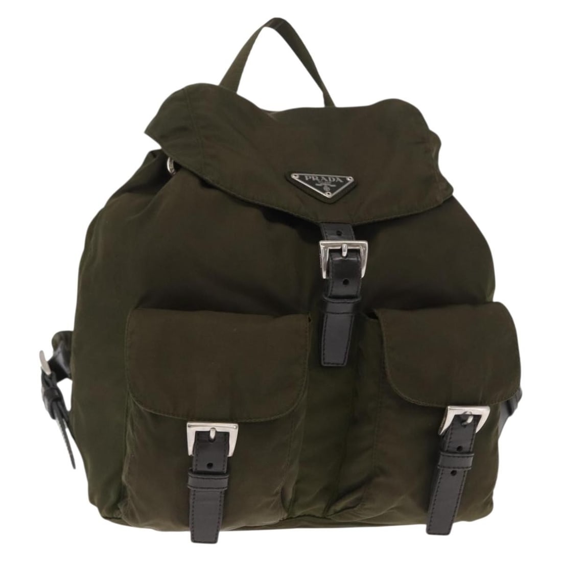Green Nylon Backpack by Prada with Dual Front Pockets: Green Nylon Backpack by Prada with Dual Front Pockets This Prada Double Front Pocket Backpack in green nylon features a compact design with two front pockets. Designed for women, it offers practical s