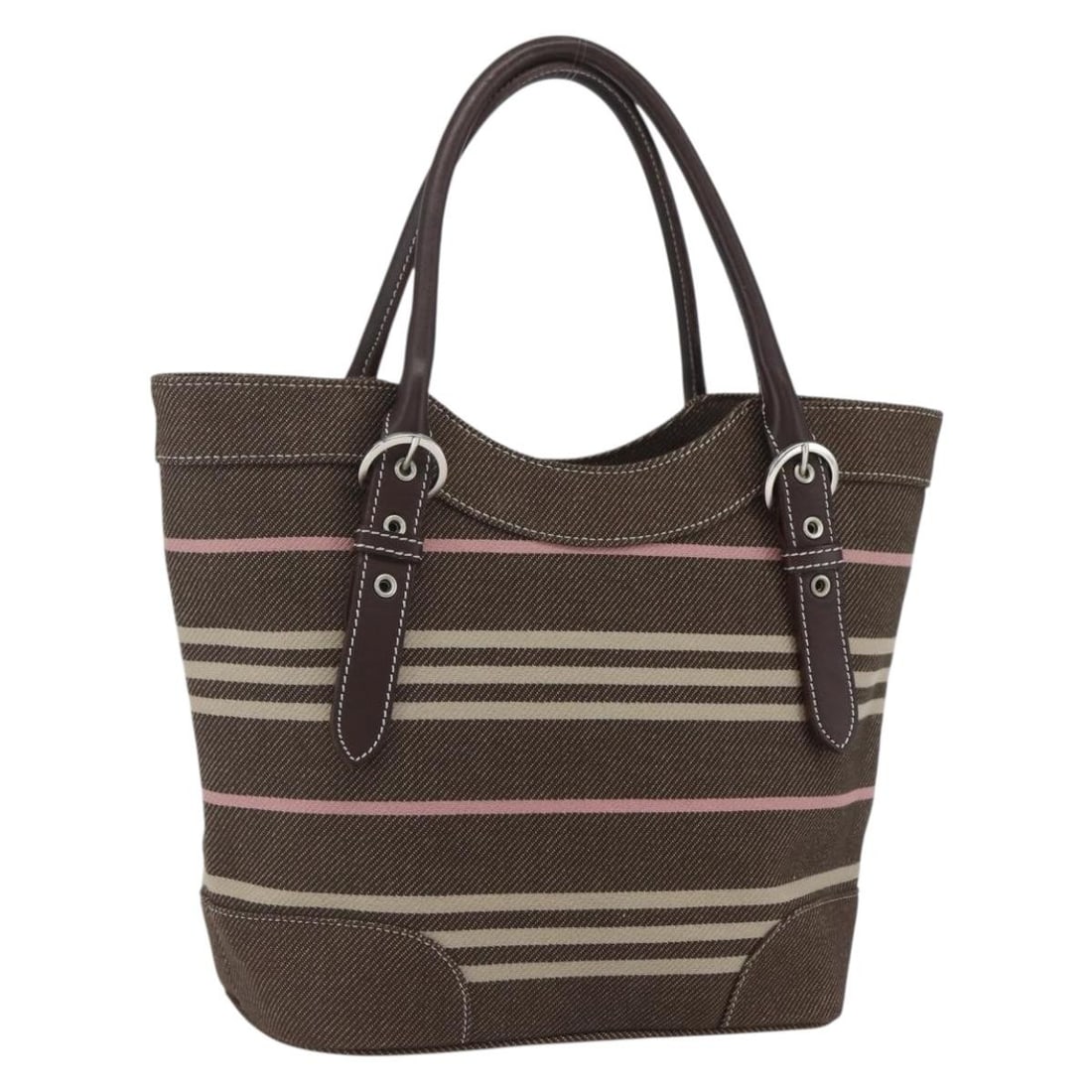 Burberry Blue Label Brown Canvas Tote with Nova Check Pattern Made in Japan: Burberry Blue Label Brown Canvas Tote with Nova Check Pattern Made in Japan This is a Burberry Nova Check Blue Label tote bag crafted from canvas in brown and silver tones. The bag features a classic