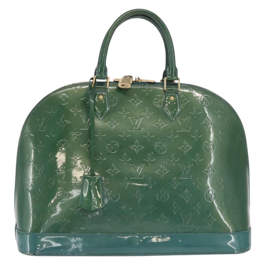 Louis Vuitton Alma Patent Leather Blue Handbag 39cm x 28cm x 18.5cm: Louis Vuitton Alma Patent Leather Blue Handbag 39cm x 28cm x 18.5cm This Louis Vuitton Alma handbag for women features blue patent leather with the iconic Monogram Vernis finish. It shows signs of wea