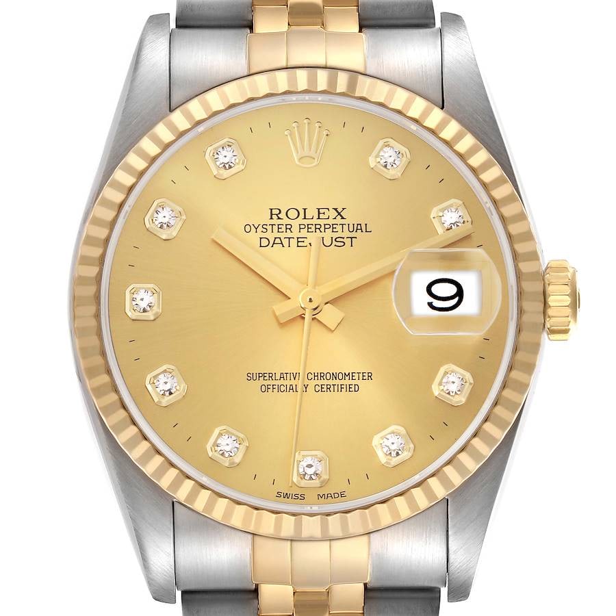 Rolex Datejust Ref 16233 Champagne Diamond Dial Jubilee Bracelet: Rolex Datejust Ref 16233 Champagne Diamond Dial Jubilee Bracelet This Rolex Datejust watch features a champagne diamond dial and is set on a Jubilee bracelet. The timepiece includes a fluted bezel and
