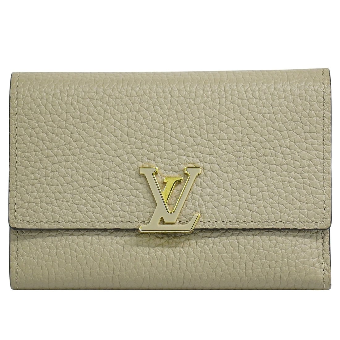 Louis Vuitton Capucines Leather Compact Wallet Beige: Louis Vuitton Capucines Leather Compact Wallet Beige This Louis Vuitton Capucines Compact wallet is crafted from beige leather designed for women. It features a compact design suitable for everyday us