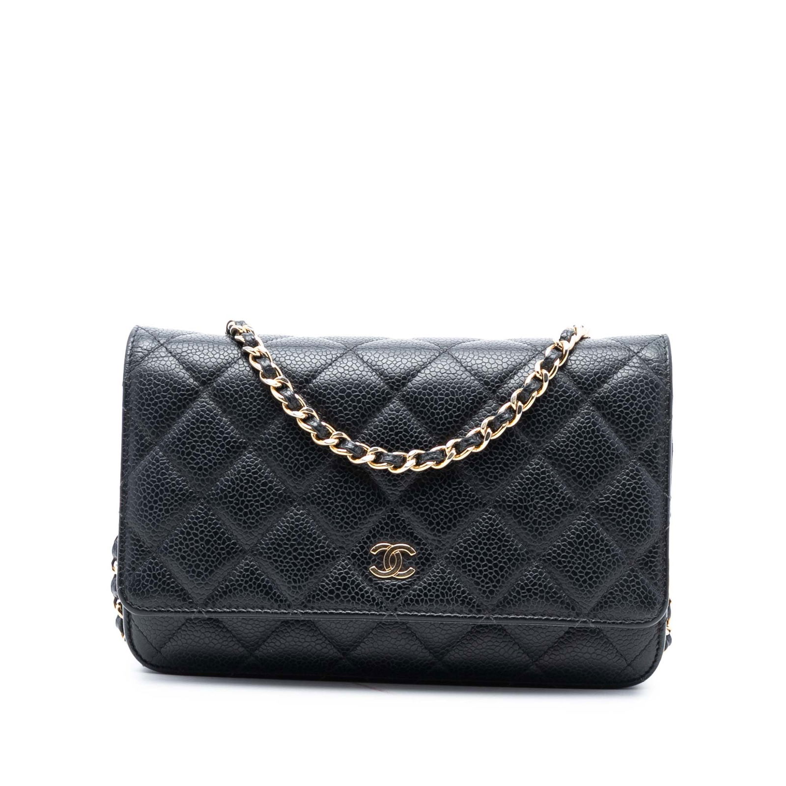 Chanel Black Quilted Caviar Leather Wallet on Chain with CC Logo: Chanel Black Quilted Caviar Leather Wallet on Chain with CC Logo This Chanel CC Quilted Caviar Wallet on Chain features a quilted caviar leather body in black, complemented by a leather-woven chain st
