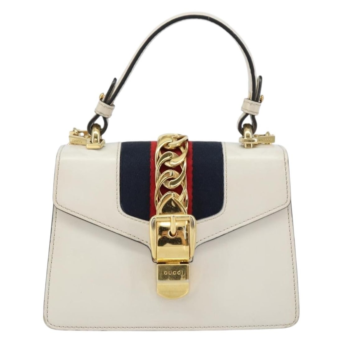 White Leather Sylvie Handbag by Gucci for Women: White Leather Sylvie Handbag by Gucci for Women This pre-owned Gucci Sylvie Top Handle Bag for women features a white leather exterior. It has a structured silhouette with a top handle and shows signs